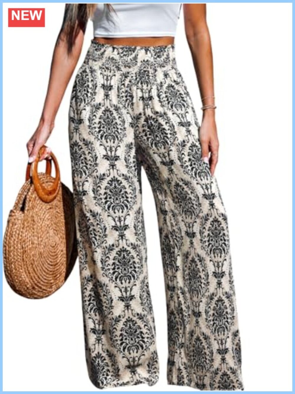 CUPSHE Women's Elastic Waist Tropical Floral Boho Wide Leg Beach Pants